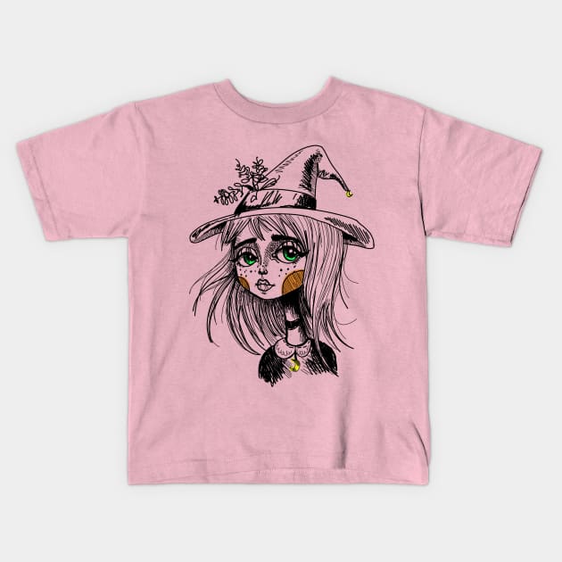 Cute Little Witch Illustration Kids T-Shirt by CatsandBats